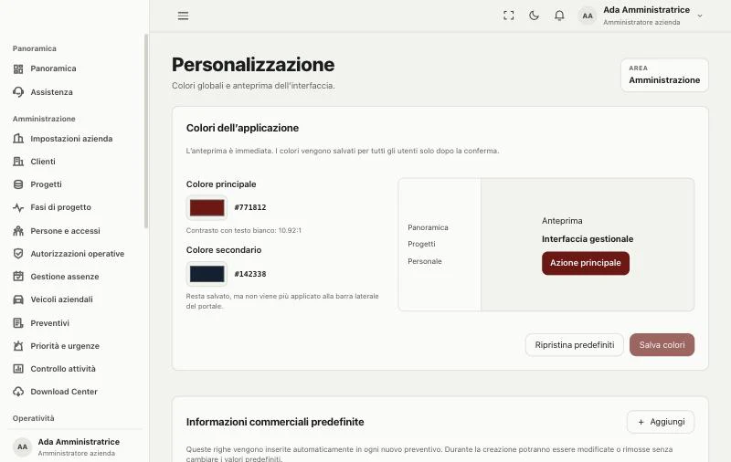 La pagina Personalizzazione: colore principale e secondario dell’azienda, il contrasto del colore principale con il testo bianco calcolato e un’anteprima dell’interfaccia con l’azione principale nel colore scelto.